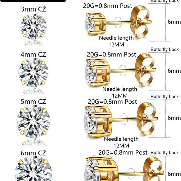 14K Gold Plated Hypoallergenic CZ Stud Earrings Set with 4 Sizes and Butterfly B - Picture 2 of 7